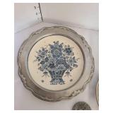 Blue delft plate in pewter frame, pewter candlestand with hanging snuffer and more
