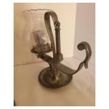 Blue delft plate in pewter frame, pewter candlestand with hanging snuffer and more