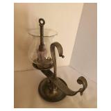 Blue delft plate in pewter frame, pewter candlestand with hanging snuffer and more