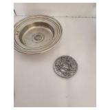 Blue delft plate in pewter frame, pewter candlestand with hanging snuffer and more