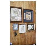 Framed prints and cross stitch (largest is 14 x 16)