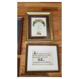 Framed prints and cross stitch (largest is 14 x 16)