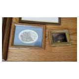 Framed prints and cross stitch (largest is 14 x 16)