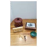 Hand crafted jar w/lid, Nature Etching box, jewelry box and Seth Thomas clock and barometer