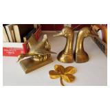 Brass duck book ends 7 x 4, brass mallard duck and 4 leadlf clover