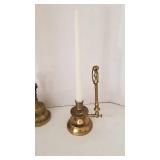 Book ends, brass candlestick, brass bell and 2 hurrican shades