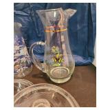 2 glass pitchers, plastic bowls and cups, random glass lids