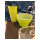 2 glass pitchers, plastic bowls and cups, random glass lids