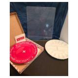 Deviled egg plate, red plate, glass cutting board