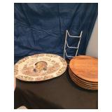 Six MCM teak molded plates (have scratch marks), 18" wide turkey platter