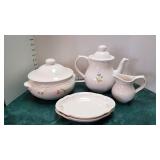Pfaltzgraff soup tureen, tea pot, creamer and 2 small platters