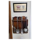 Wood rack with pewter utensils (fork broken) 15 x 13 and Bouquet Crevettes Rose print