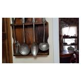 Wood rack with pewter utensils (fork broken) 15 x 13 and Bouquet Crevettes Rose print