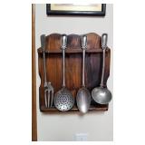 Wood rack with pewter utensils (fork broken) 15 x 13 and Bouquet Crevettes Rose print