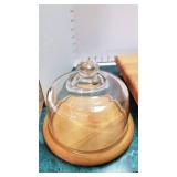 Wood cutting board with cheese slicer and wood/glass cheese holder