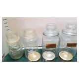 Mr Peanut glass jar, jelly jars and 3 glass containers with lids