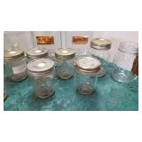 Mr Peanut glass jar, jelly jars and 3 glass containers with lids