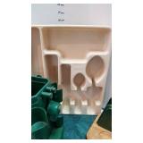 Silverware tray, napkin holder, spoon rest, vinegar (almost full) and more