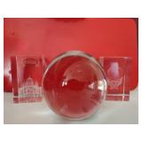 Laser engraved crystal cubes (both damaged) and glass sphere paperweight