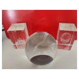 Laser engraved crystal cubes (both damaged) and glass sphere paperweight