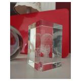 Laser engraved crystal cubes (both damaged) and glass sphere paperweight