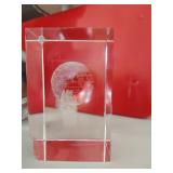 Laser engraved crystal cubes (both damaged) and glass sphere paperweight