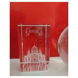 Laser engraved crystal cubes (both damaged) and glass sphere paperweight