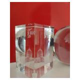 Laser engraved crystal cubes (both damaged) and glass sphere paperweight