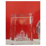 Laser engraved crystal cubes (both damaged) and glass sphere paperweight