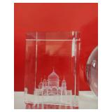 Laser engraved crystal cubes (both damaged) and glass sphere paperweight
