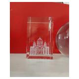 Laser engraved crystal cubes (both damaged) and glass sphere paperweight
