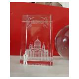 Laser engraved crystal cubes (both damaged) and glass sphere paperweight