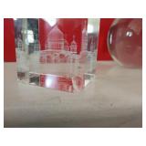 Laser engraved crystal cubes (both damaged) and glass sphere paperweight