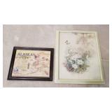 Alaska and butterfly/flowers framed prints (largest is 22 x 19)