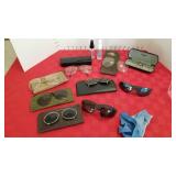 Glasses and clip on sunglasses and cleaner