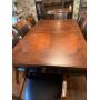 Wood dining table 78 X 48 with 8 leather and wood chairs and 24 inch leaf and table protector pads (matches lot 1001)