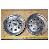 Pair Aluminum Funny Car rims with Anglia spindles, with bolts & dust covers - bearings under tape
