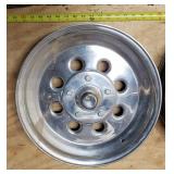 Pair Aluminum Funny Car rims with Anglia spindles, with bolts & dust covers - bearings under tape