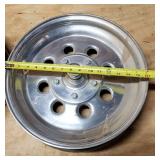 Pair Aluminum Funny Car rims with Anglia spindles, with bolts & dust covers - bearings under tape