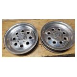 Pair Aluminum Funny Car rims with Anglia spindles, with bolts & dust covers - bearings under tape