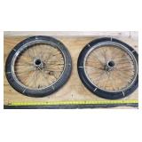 Pair Kagan dragster spoke rims with Avon Speedmaster MKII 2.25 x 17R tires made in England, 2 spokes missing on one rim