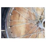 Pair Kagan dragster spoke rims with Avon Speedmaster MKII 2.25 x 17R tires made in England, 2 spokes missing on one rim