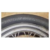 New Avon AM23 V260 140/80 VB16 Rear Motorcycle Tire mounted on a spoked chrome rim