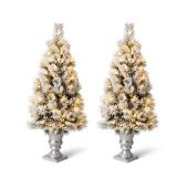 Glitzhome 4Ft / 5Ft Pre-Lit Flocked Pine Artificial Christmas Porch Tree with Warm White Lights- Retail:$249.99