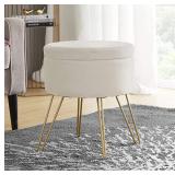 Ornavo Home Modern Round Velvet Storage Ottoman Foot Rest Vanity Stool/Seat with Gold Metal Legs & Tray Top Coffee Table - Cream