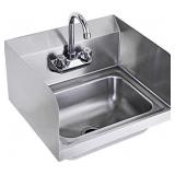 Stainless Steel Sink for Washing with Faucet and Side Splash, Commercial Wall Mount Hand Basin for Restaurant, Kitchen and Home, 17 x 15 Inches