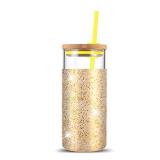 tronco 20oz Glass Tumbler Straw Silicone Protective Sleeve Bamboo Lid - BPA Free (Dot Gold)