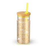 tronco 20oz Glass Tumbler Straw Silicone Protective Sleeve Bamboo Lid - BPA Free (Dot Gold)