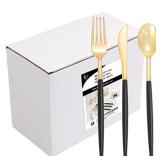 I00000 144 PCS Gold Plastic Silverware, High Quality Disposable Flatware with Black Handle, Gold Plastic Cutlery Includes: 48 Forks, 48 Knives and 48 Spoons