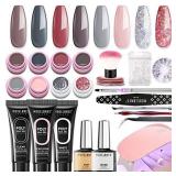 Poly Nail Gel Kit with Lamp Nail Extension Gel Kit by Modelones- 8 Colors Pot Gels + 3 Colors Polly Jell Nail Kit Gel Acrylic Nail Kit, ALL-IN-ONE French Salon Kit Gel Manicure Kit Nude Gray Series